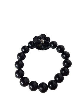Vintage Black Bead Stretch Bracelet Rhinestone Flower Charm Beaded Statement